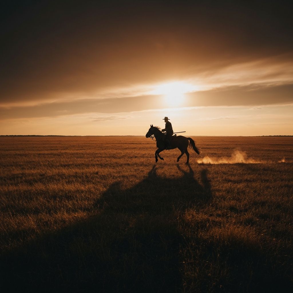 Magyar lovas a pusztán, naplemente fényében