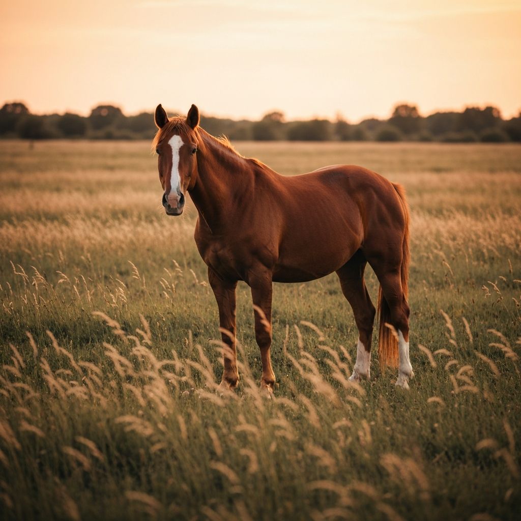 Ló a réteken, arany fényben